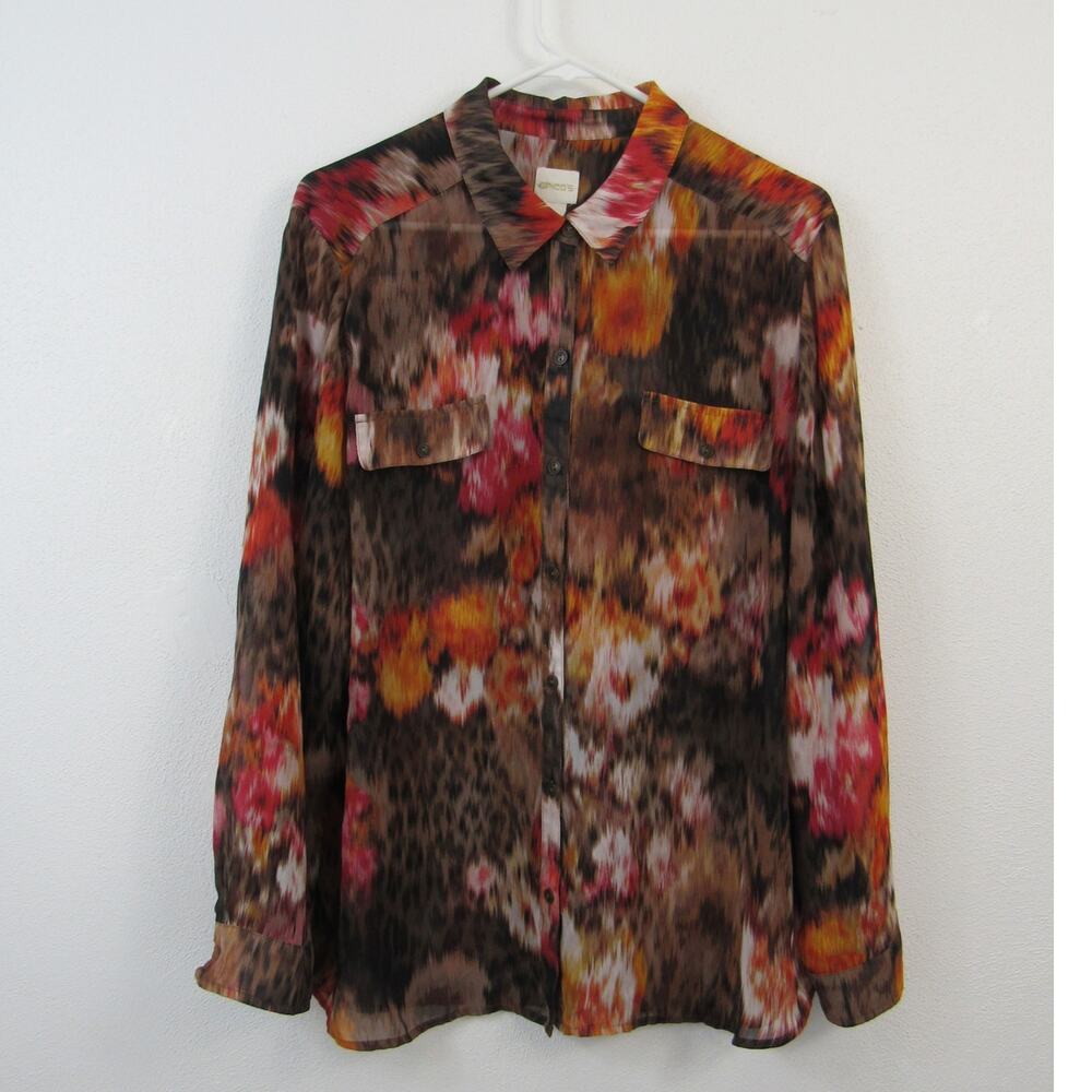 Chico's Size 3 - XL Cheetah Mix Print Semi Sheer Button Up Top Blouse Collared